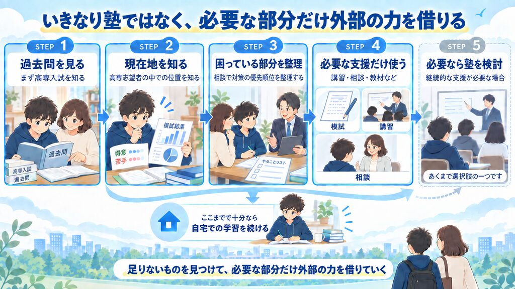 いきなり塾ではなく、必要な部分だけ外部の力を借りる進め方。STEP1は過去問を見て高専入試を知る、STEP2は高専志望者の中での位置を知る、STEP3は相談で対策の優先順位を整理する、STEP4は模試・講習・相談など必要な支援だけ使う、STEP5は継続的な支援が必要な場合に塾を検討する。ここまでで十分なら自宅での学習を続ける。