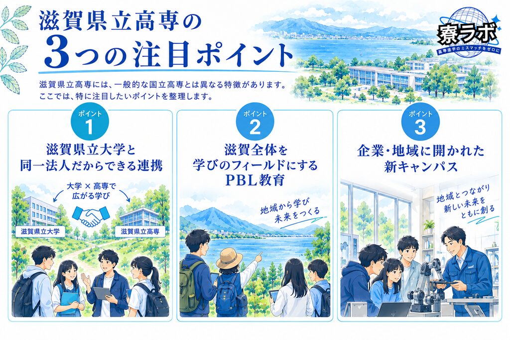 滋賀県立高専の3つの注目ポイントをまとめた図解