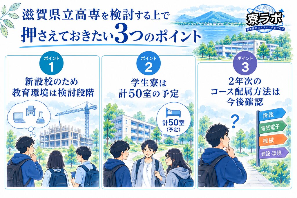 滋賀県立高専を検討する上で押さえておきたい3つのポイント(教育環境は検討段階・学生寮は計50室の予定・2年次のコース配属方法は今後確認)をまとめた図解