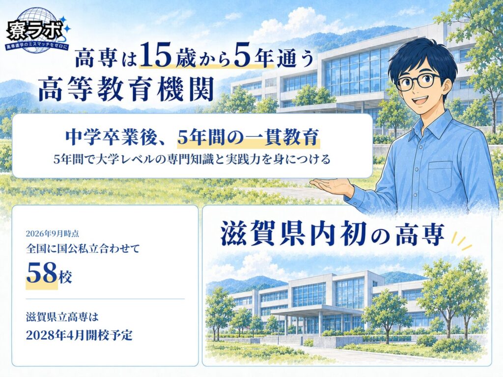 高専は中学卒業後5年間の一貫教育で大学レベルの専門知識と実践力を身につけること、2026年9月時点で全国に国公私立合わせて58校あること、滋賀県立高専は2028年4月開校予定で県内初の高専になることをまとめた図解