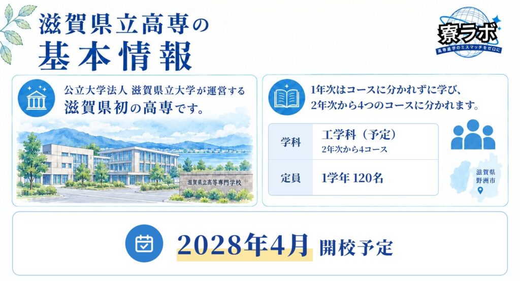 滋賀県立高専の主要情報(滋賀県初の高専・工学科(予定)で2年次から4コース・1学年120名・2028年4月開校予定)をまとめた図解