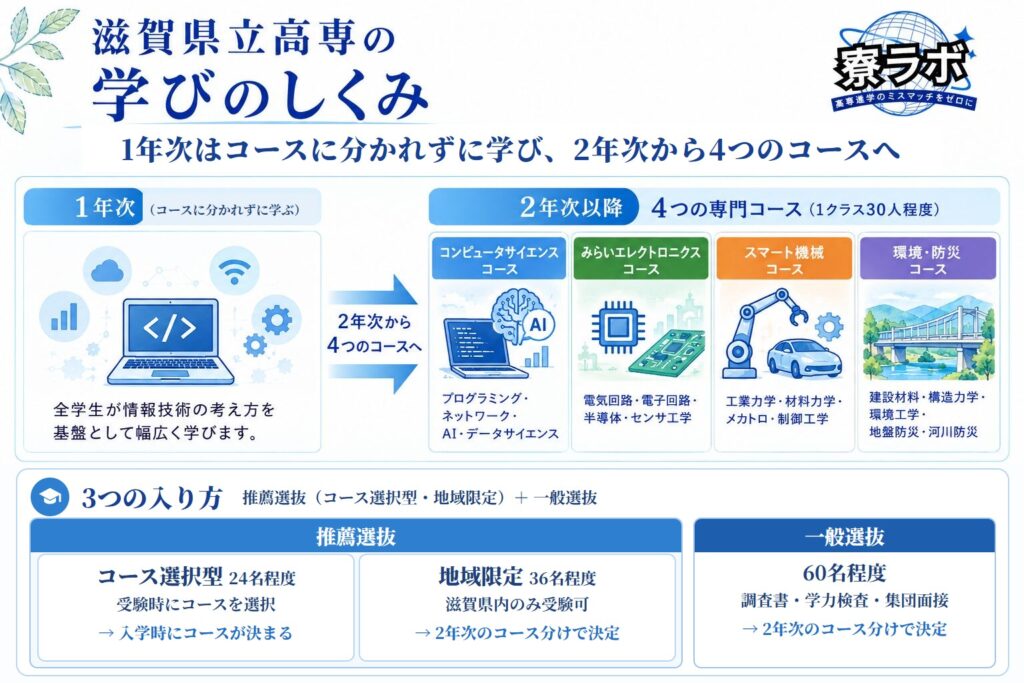 滋賀県立高専の学びのしくみ(1年次は共通学習、2年次から4つの専門コース)と、推薦選抜(コース選択型・地域限定)と一般選抜の3つの入り方をまとめた図解