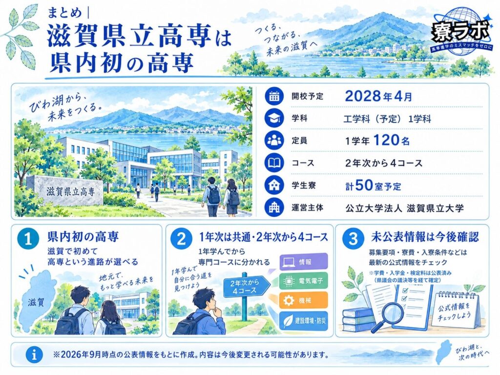 滋賀県立高専の基本情報(開校予定・工学科(予定)・定員・コース・学生寮・運営主体)と今後確認したい情報をまとめた図解