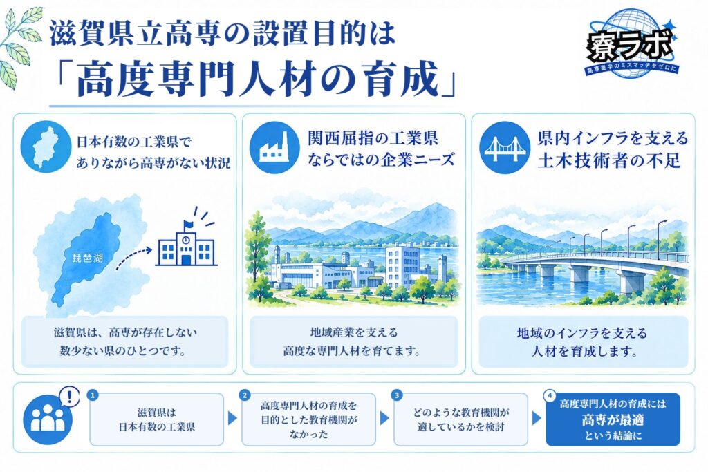 滋賀県立高専の設置目的(高度専門人材の育成)と、新設の背景・高専の設置に至った経緯をまとめた図解