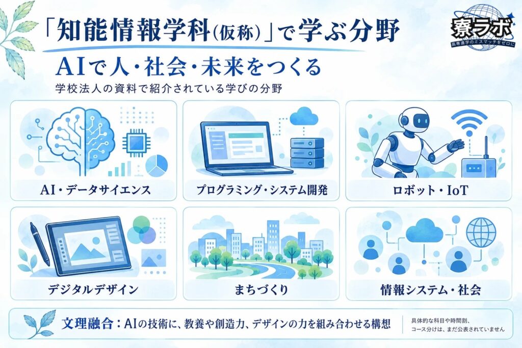 「知能情報学科（仮称）」で学ぶ分野として紹介されているAI・データサイエンス、プログラミング・システム開発、ロボット・IoT、デジタルデザイン、まちづくり、情報システム・社会を示した図解
