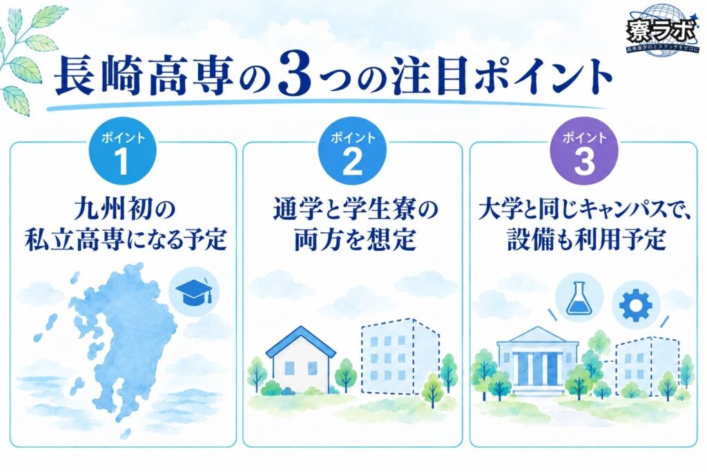 長崎高専の3つの注目ポイント（九州初の私立高専になる予定、通学と学生寮の両方を想定、大学と同じキャンパスで設備も利用予定）を示した図解