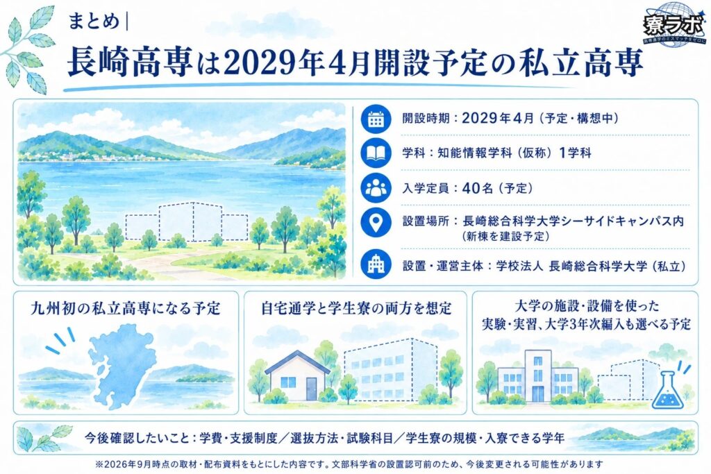 長崎高専のまとめ（2029年4月開設予定の私立高専で、知能情報学科（仮称）1学科、入学定員40名の予定、大学と同じキャンパスに新棟を建設予定）を示した図解